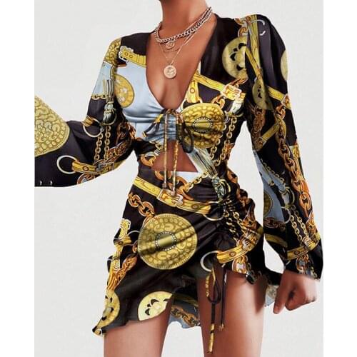 Women Long Sleeve Bodycon Dress Fashion Ruffled Leopard Print V-neck Hollow Out A-line Mini Dress Party Sexy Club Wear Vestidos