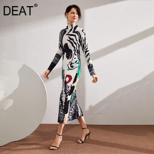 DEAT Pleated Dress Women Vintage Style Zebra Pattern Hit Color Over Long Elegant Stand Collar 2021 New Autumn Fashion HT332