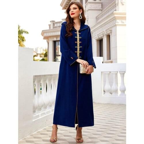2021 Fashion Style Muslim Women Long Sleeve Navy Blue Long Abaya Woman Abaya Muslim Fashion Muslim Dress