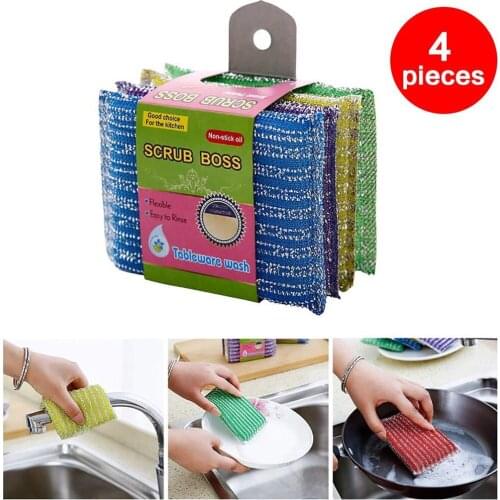 4Pcs Metal Abrasive Sponges Kitchen Cleaning Sponge Brush For Pots And Pans Household Clean Tools Versatile Durable Non-Stick