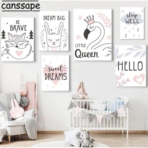 Nursery Wall Art Canvas Painting Swan Queen Posters Fox Rabbit Paintings Quotes Print Nordic Wall Pictures Baby Girl Room Decor