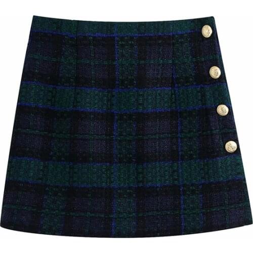 Evfer Women Fashion New Sprint Za Tweed Green Plaid Mini Skirts Chic Lady Single Breasted Back Zipper High Waist Short Skirt