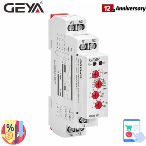 GEYA GRI8-03 Over Current or Under Current Adjustable Relay 0.05A 1A 2A 5A 8A 16A Current Relay