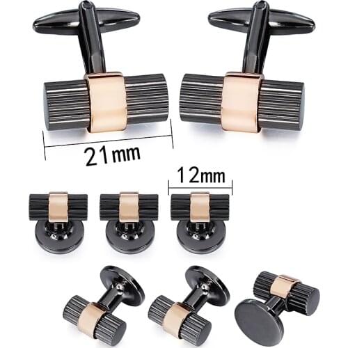 HAWSON 8 Pcs Set Black Gun and Rhodium Cylinder Cufflinks Tuxedo Studs Set for Mens Wedding Shirt Stylish Metal Cuff links