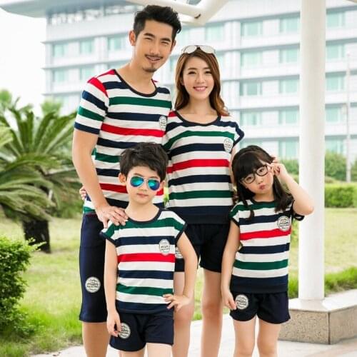 Summer Family Matching Outfits Dad Son Mom Daughter 2 Pieces Set Striped Short T-Shirt +Pants Couple Clothes