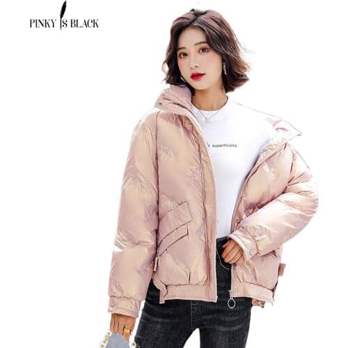 PinkyIsBlack New Fashion Female Winter Windproof Jacket Casual Stand Collar Glossy Sequins Women Winter Parka Short Coat Outwear