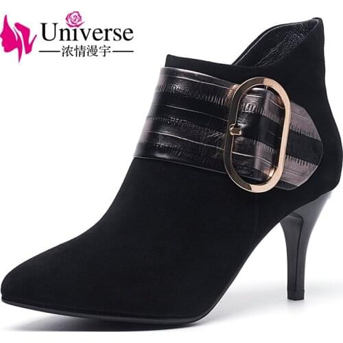 Universe fashion big buckle decoration women boots slim high heel suede leather shoes winter boots G385