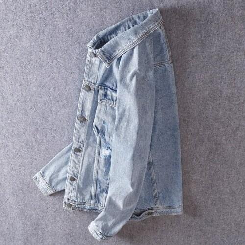 Autumn New Men Cowboy Jacket Street Embroidery Long Sleeve Denim Coat Loose Light Blue Hole Ripped Cargo Jackets Oversize 4XL