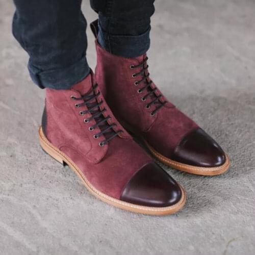Men Fashion PU Leather Stitching Faux Suede High Top Lace Up Troy Boots Business Casual Martin Boots Classic Versatile KA595