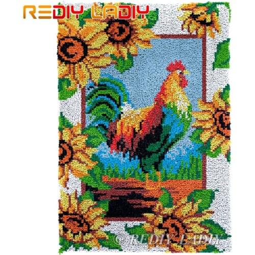 Latch Hook Kits Cock with Flowers Chunky Yarn Embroidery Crochet Tapestry Kits Needlework Arts & Crafts DIY Carpet Rug 58*87cm