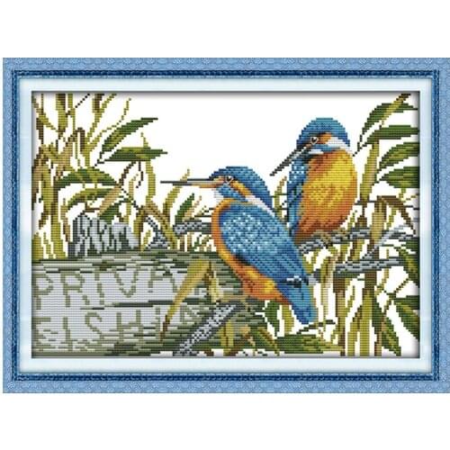 Blue Kingfisher Animal Patterns Cross Stitch Sets for Embroidery Kits 11ct 14ct Counted Printed Canvas DIY Needlework Set Crafts