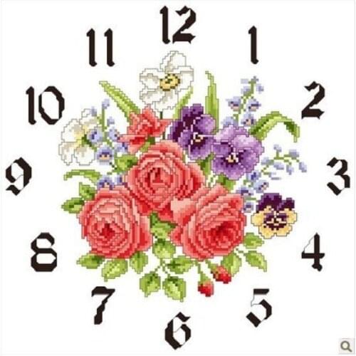 Embroidery Package Hot Sell Best Quality Cross Stitch Kits Flower Rose with Clock Free Shipping