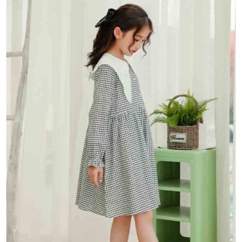 Cultiseed Girls New Vintage Peter Pan Collar Long Sleeve Plaid Dress Clothing Children Kids Students Holiday Loose Causal Gowns