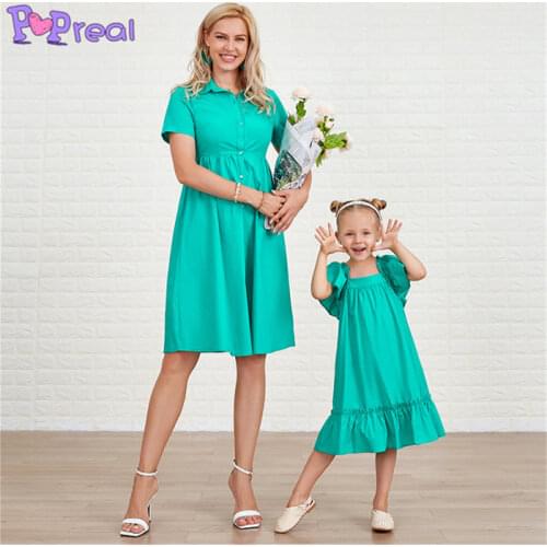 PopReal Summer Parent-Child Outfit Girl Family Dress Mom And Daughter Skirt Mother Kids Dress Solid Bow Turndown Collar Buttons