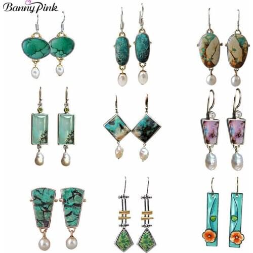 Banny Pink Ethnic Vintage Painted Leaf Blue Drop Earring For Women Bohemia Natural Luxury Jewelry Stone Earring Bijoux