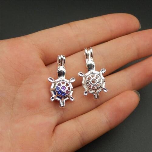 10pcs silver turtle pearl cage necklace pendant, aroma oil diffuser adds your own pearl, stone makes it more attractive