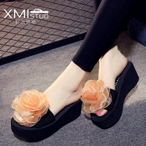 XMISTUO Summer Beauty Students Ladies Beach Stretch Fabric Slippers Lace Wedges Chiffon Flowers Thick Sandals Flip Flops