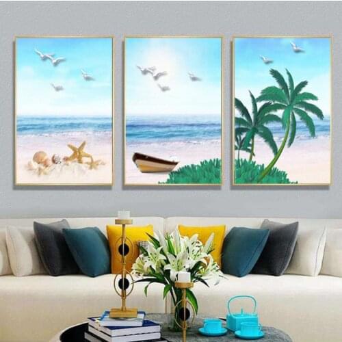 Modern Abstract Seascape Wall Painting Blue Sea Sky Seagull Beach Starfish Palm Tree Canvas Print Frameless Poster