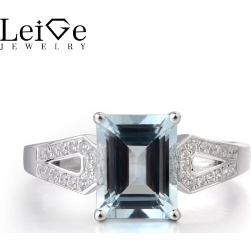Leige Jewelry Genuine Aquamarine Fine Jewelry March Birthstone 925 Sterling Silver Emerald Cut Anniversary Rings For Woman