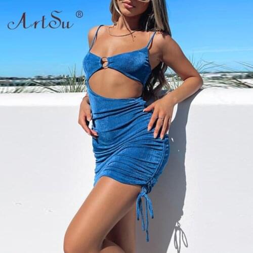 ArtSu Drawstring Ruched Sexy Cut Out Backless Mini Dress Women Night Club Party Outfit Summer Dress Holiday 2021 Blue Pink