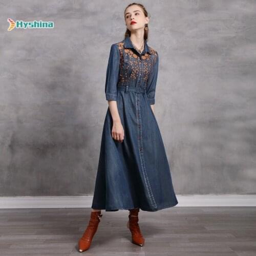 Womens Embroidered Dress Large Swing Skirt Retro Mid Sleeve Lapel New Dress