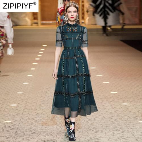 2021 Summer Runway Fashion Turn Down Neck Half Sleeve Ball Gown High Waist Embroidery See Through Maxi Vintage Dresses Z273