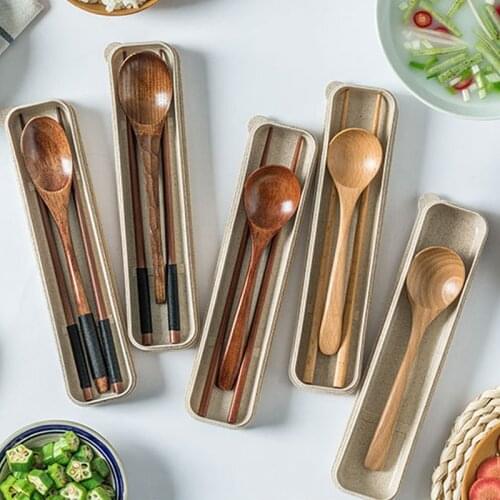 3Pcs/Set For Travel Cutlery Sets Portable Japanese Style Spoon Fork Chopsticks Wooden Kitchen Supplies Tableware Nice Gift