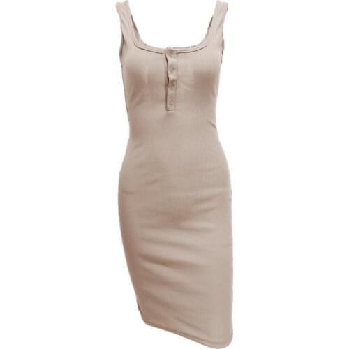 80% Dropshipping!!Women Dress U Neck Sling Summer Solid Color Buttons All Match Dress for Daily Wear