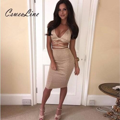 Sparkly halter sexy two piece pencil dresses women fashion backless stretch bodycon club outfits ladies nightclub party dresses