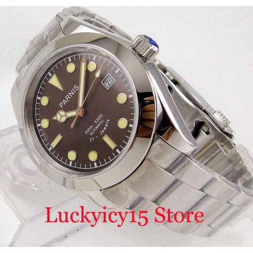 PARNIS Polished Automatic Mens Watch MIYOTA movement Sapphire Glass Auto Date Mental Strap Brown Dial Steel Band