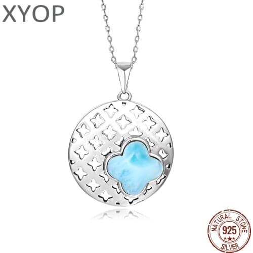 Four Leaf Clover 925 Sterling Silver Jewelry Gift Classic Pendant Necklace Natural Precious Larimar Retro Woman Contracted Style