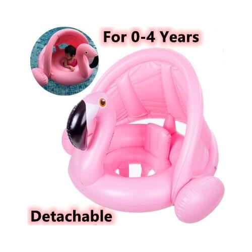 Baby Flamingo Pool Float Kids Swimming Safe Seat With Adjustable Detachable Sunshade Swimming Ring Toy Outdoor