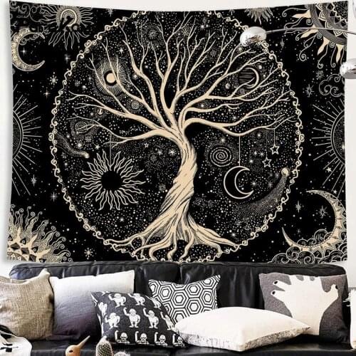Tree of Life Sun Moon Tapestry Aesthetic Psychedelic Sun and Moon Black Tapestry Interior Decoration Wall Hanging Decor Bedroom