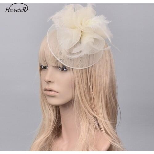 Headwear Hairpiece Headdress Mesh Net Feather Cocktail Party Wedding Bride Fascinator Hats Ivory Color Women Ladies Hair Clip
