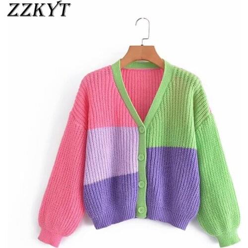 ZZKYT 2021 Women Spring Fashion Color Matching Button Cardigan Sweater Vintage V-Neck Long Sleeve Female Outerwear Chic Tops
