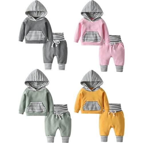 New Colorful Baby Boys Girls Toddler Clothing Sets Long Sleeve Striped Outfits Hooded Top With Pocket and Pants Infant Suits