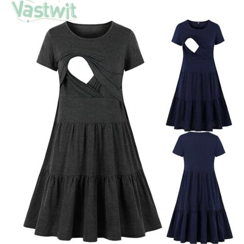 Summer Maternity Loose Casual Breastfeeding Nursing Dress Women Pregnant Short Sleeve Pleated Dresses Pregnancy Nightgown Dress