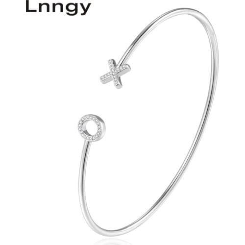 Lnngy 14K Gold Natural Diamond Open Bracelet 14K White Gold /Yellow Gold /Rose Gold XO Letters Bangle Elegant Female Jewelry
