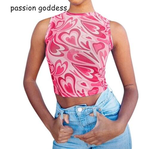 Fashion Summer Cute Y2k Heart Print Crop Top Women 2021 Plus Size Skinny Sexy Mesh Streetwear Tank Tops Female Vest Top Green