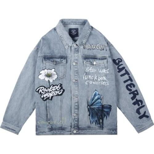 2021 Kpop Daisy Butterfly Graffiti Blue Denim Jacket Streetwear Men Cotton Hip Hop Jeans Outwear Vintage Clothes Giubbotto Uomo