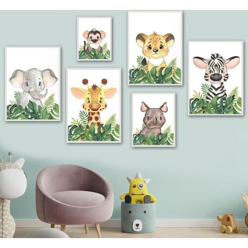 Elephant Zebra Giraffe Lion Jungle Animal Wall Art Canvas Painting Nordic Posters And Prints Wall Pictures Baby Kids Room Decor