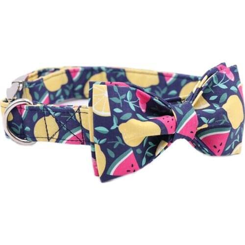 Blue Lemon Dog Collar And Leash Set With Bow Tie Cotton Dog &Cat Pet Necklace Adjustable Buckle For Pet