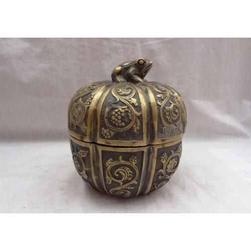Song voge gem S2781 Folk Chinese Bronze Pond Jump Frog Statue Lucky Fower Leaf Pumpkin Ball Box