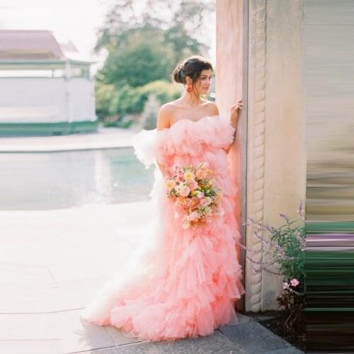 Pink Tulle Dressing Gowns Cap Sleeves Sweetheart Extra Puffy Ruffles Tulle Dresses For Birthday Party Dresses