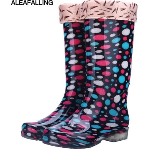 Aleafalling High Tube Womens Rain Boots Colorful Fashion Rain Shoes Slip Wear High RainBoots Warm Water Female Shoes