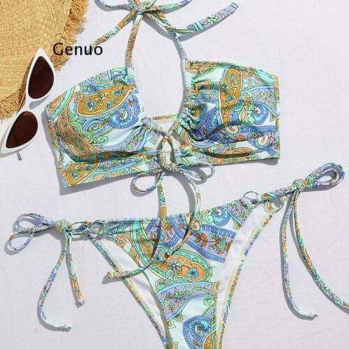Sexy Floral Print Bikini 2021 Women Lace Up Bandage High Cut Swimsuit Brazilian Beach Bathing Suit Thong Swimwear Traje De Bano