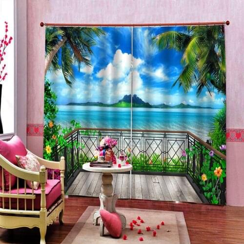 Blue beach curtains landscape 3D Curtain Luxury Blackout Window Curtain Living Room blackout curtains