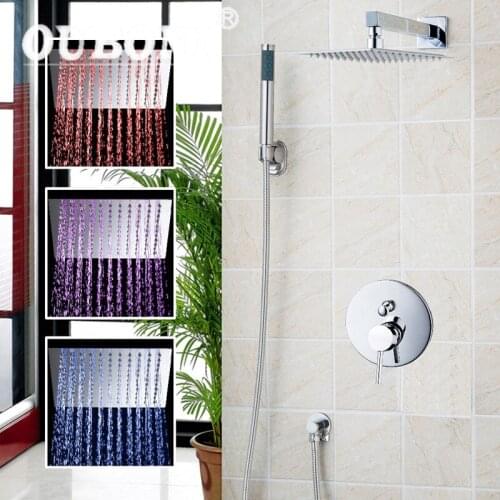 LED Luxury Chrome Rain Shower Head Arm Set Faucet Bathroom Wall Mounted With the Head And Hand Sprayer Shower Set