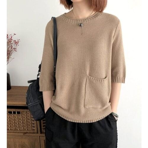 Round Neck Middle Sleeve Sweater Women Spring AndAutumn New Retro Loose Large Size Lazy Knit Top Pullover Bottoming Shirt M651