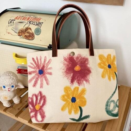 Youda Summer New Flower Daisy Graffiti Shoulder Canvas Bags Casual Hand Drawn Large Capacity Wild Messenger Bag Cute Fun Handbag